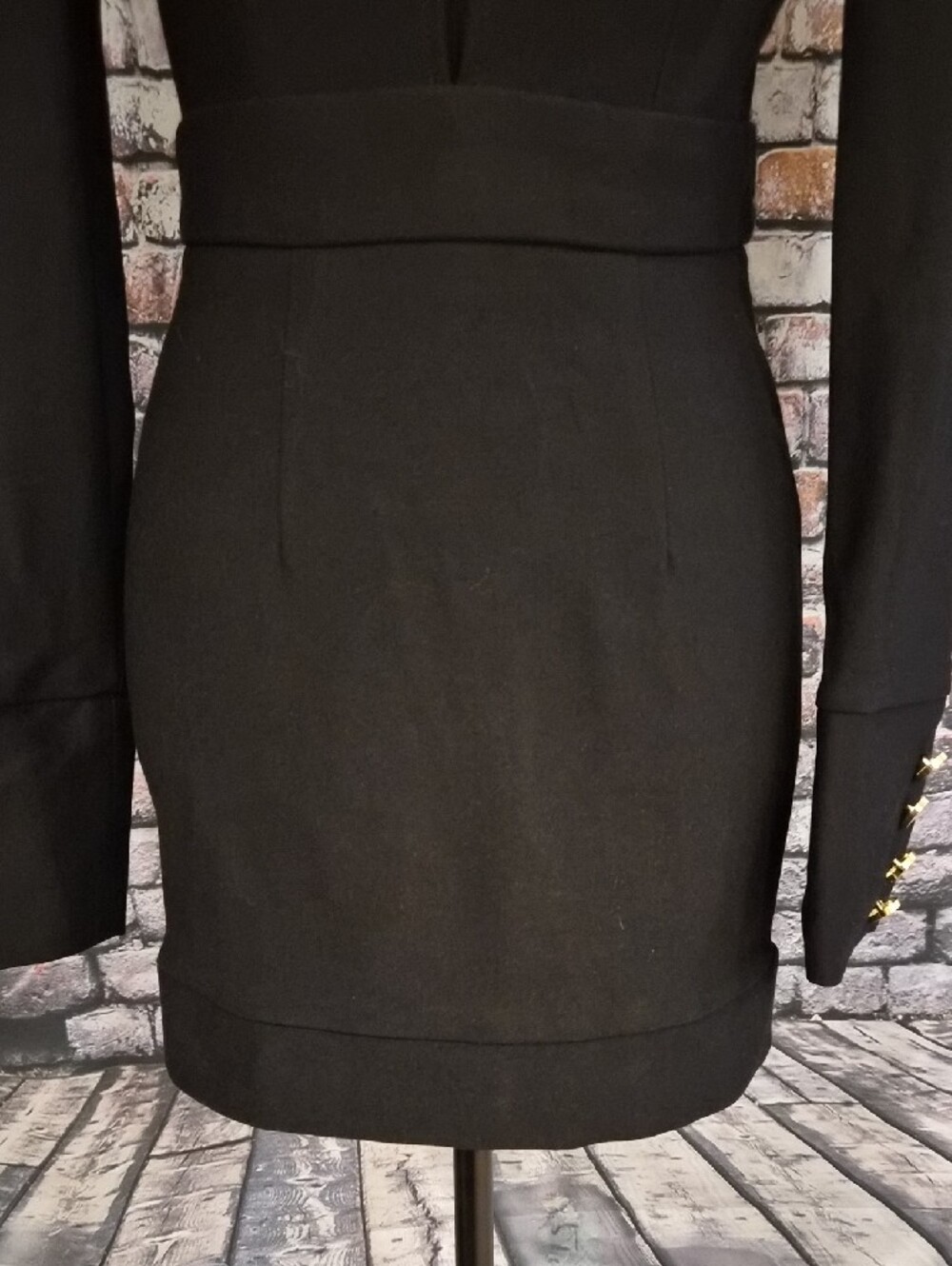 AKIRA Black Long-Sleeve Mini Dress with Gold Button Accents - Picture 4 of 10